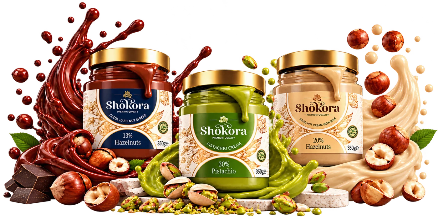 Кремове Shokora с какао и лешници, шамфъстък и мляко с лешници, заобиколени от съставките им